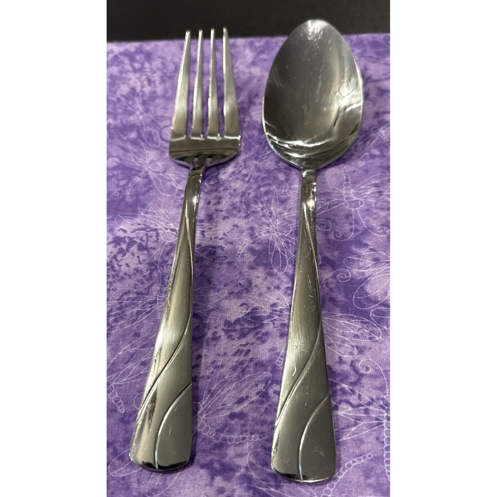 Oneida River Glossy Meat Fork Serving Spoon Stainless Flatware Set Of 2